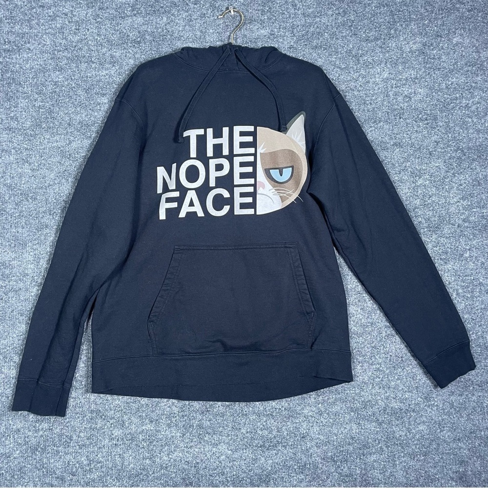 Port & Company Unisex Large The Nope Face Funny Cat Black Hoodie Sweatshirt